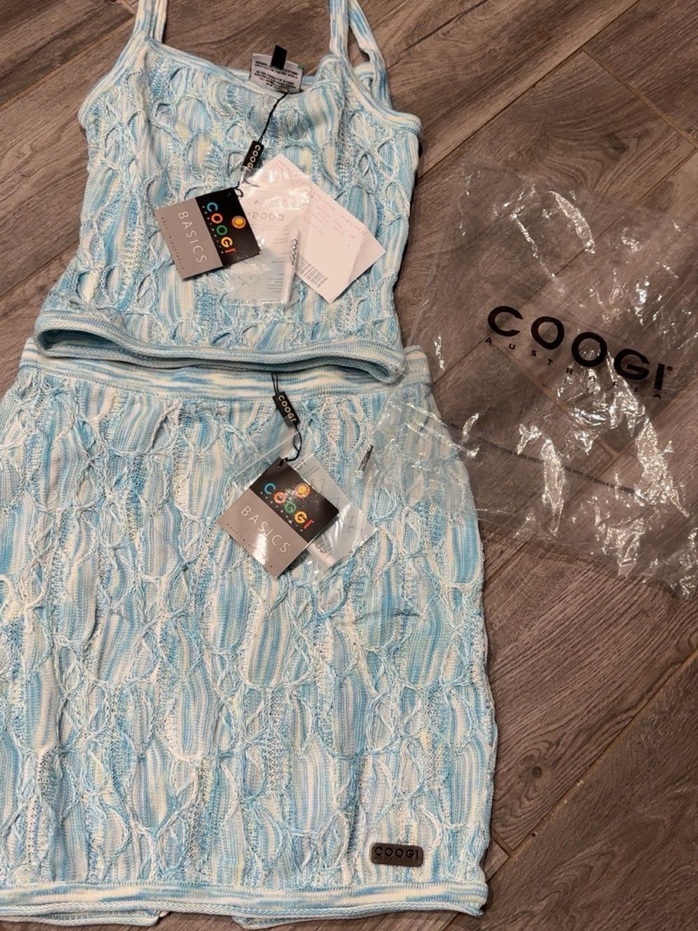 NWT COOGI Light Blue & White Knit Crop Top and Skirt Set